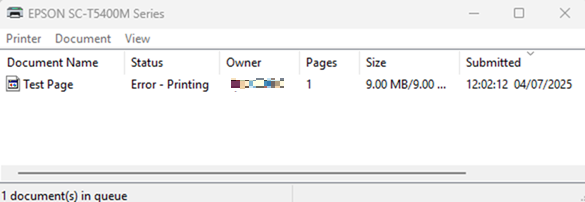 Status Error - Printing appears in the printer drivers print queue